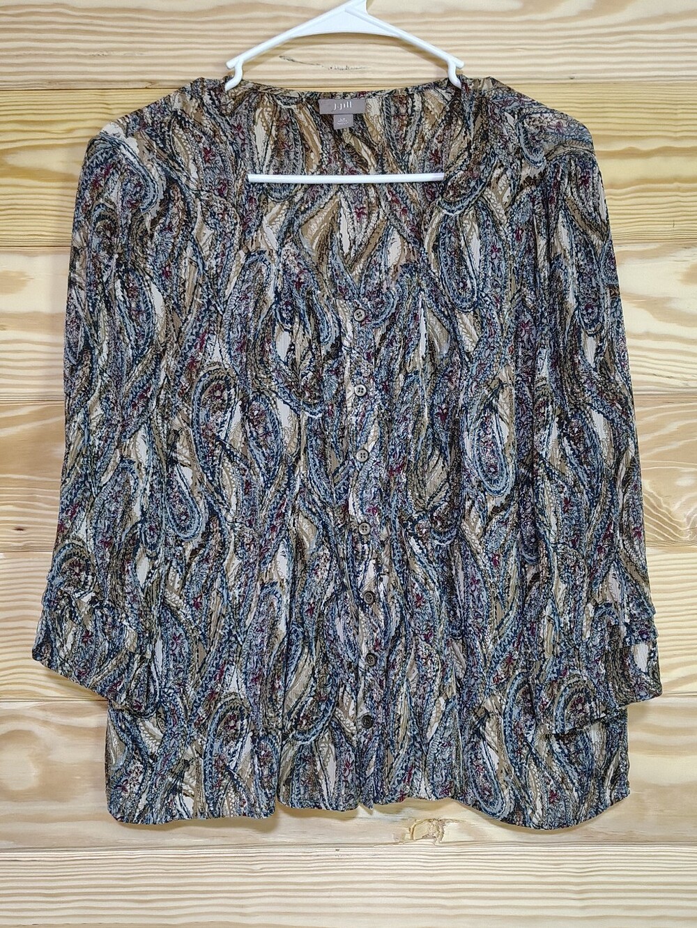 J. Jill Women's Paisley Top Button-Front Blouse Brown Blue 3/4 Sleeve Flowy Chic